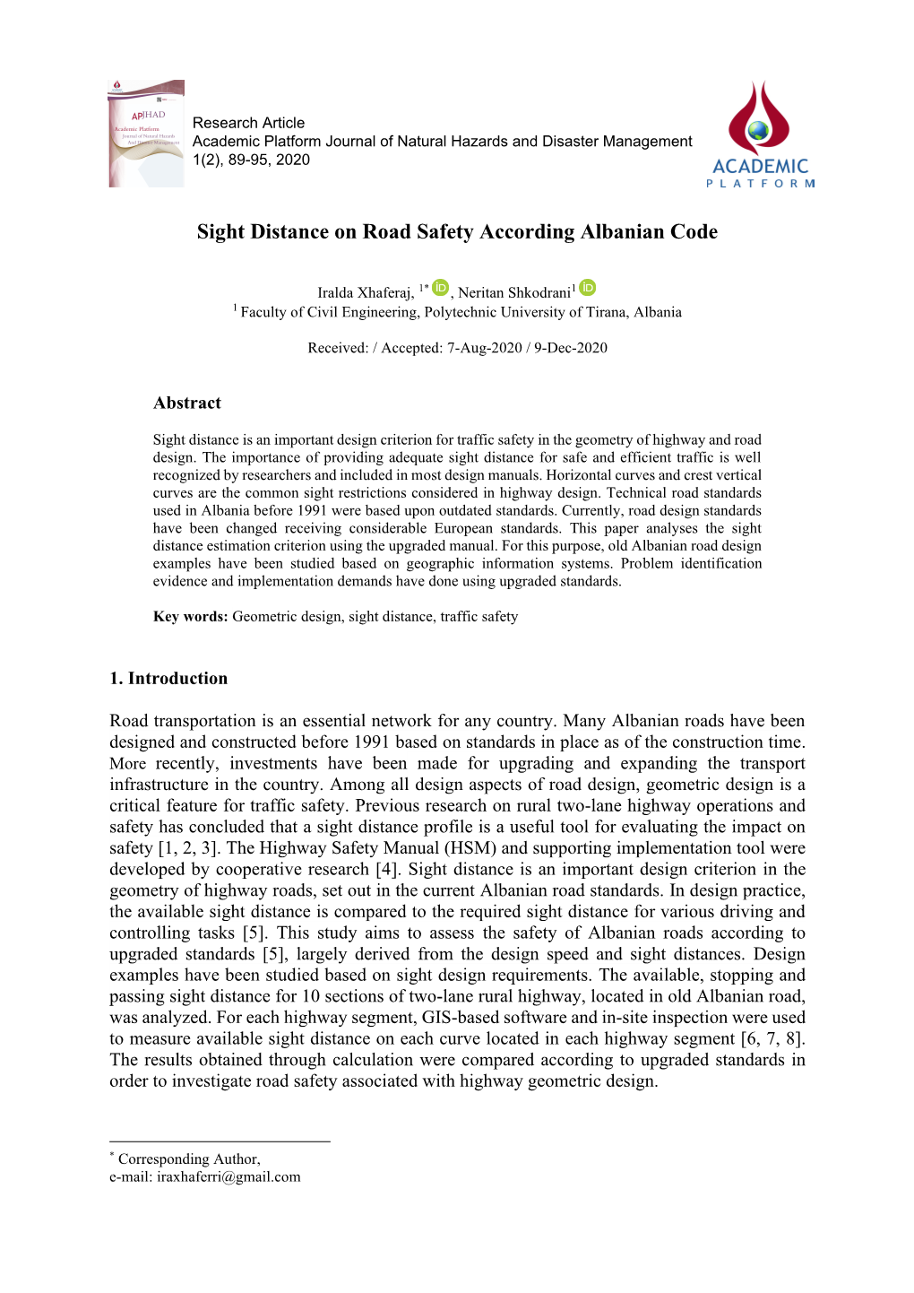 Sight Distance on Road Safety According Albanian Code