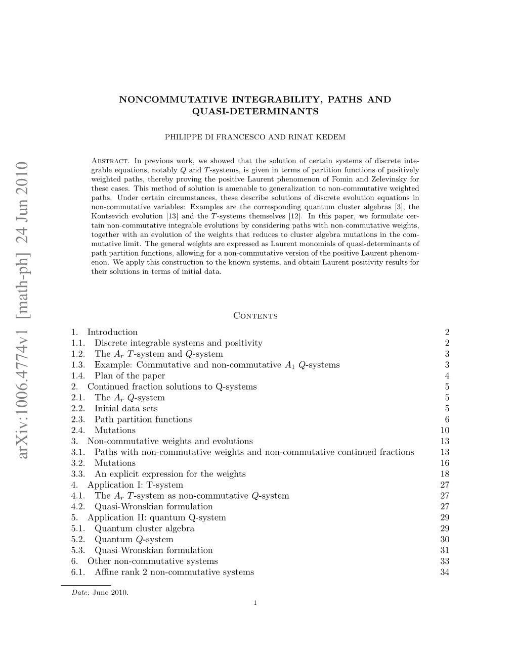 Arxiv:1006.4774V1 [Math-Ph] 24 Jun 2010 ..The T-System Weights I: 4.1