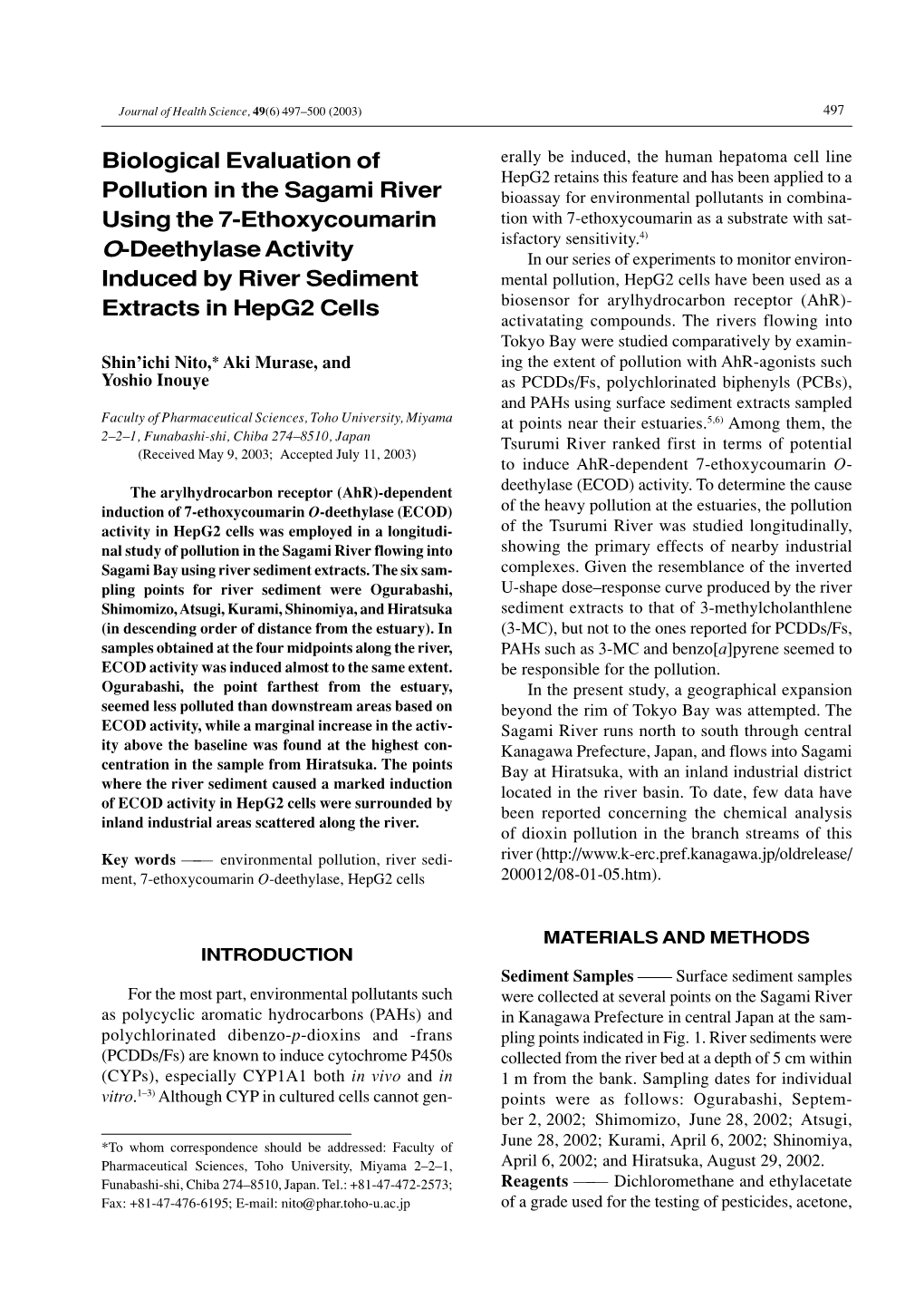 Biological Evaluation of Pollution in the Sagami River Using the 7