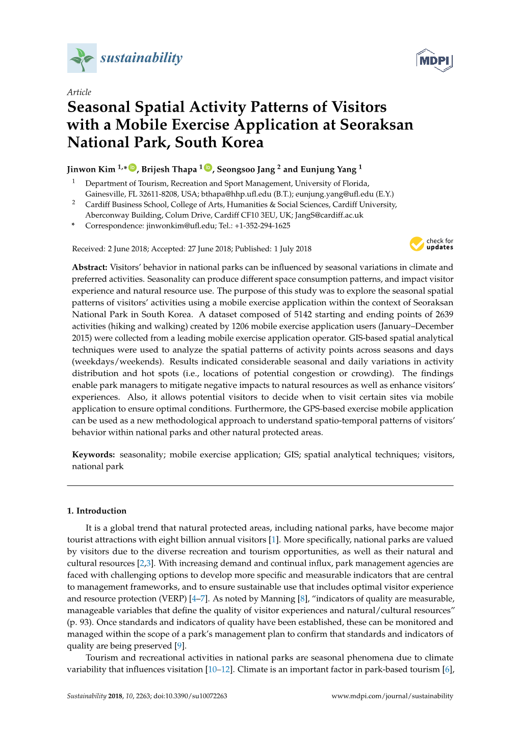 Seasonal Spatial Activity Patterns of Visitors with a Mobile Exercise Application at Seoraksan National Park, South Korea
