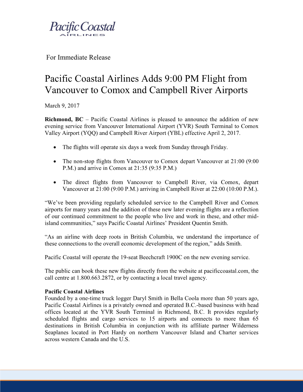 Pacific Coastal Airlines Adds 9:00 PM Flight from Vancouver to Comox and Campbell River Airports