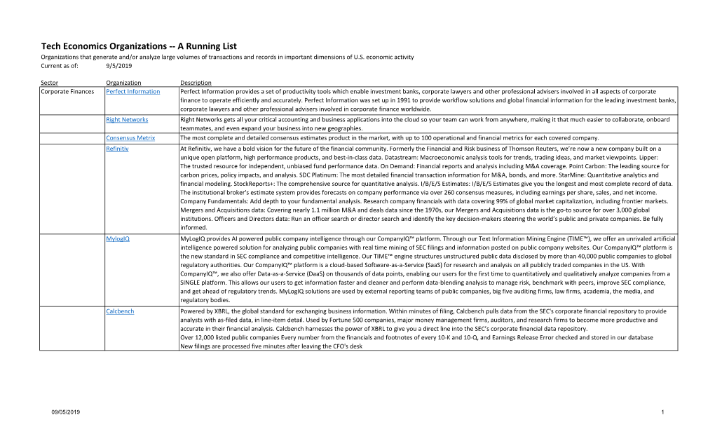 Tech Economics Organizations -- a Running List Organizations That Generate And/Or Analyze Large Volumes of Transactions and Records in Important Dimensions of U.S