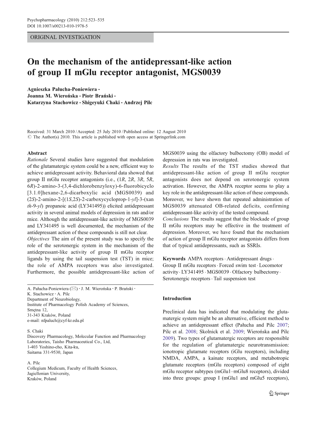 On the Mechanism of the Antidepressant-Like Action of Group II Mglu Receptor Antagonist, MGS0039