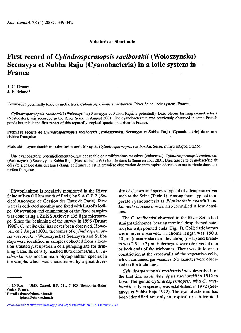 First Record of Cylindrospermopsis Raciborskii \(Woloszynska