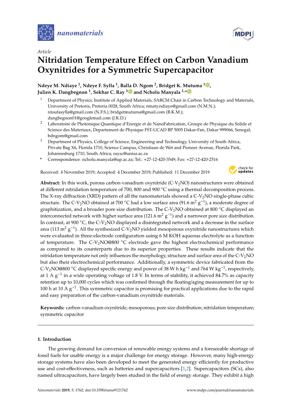 Nitridation Temperature Effect on Carbon Vanadium Oxynitrides for A