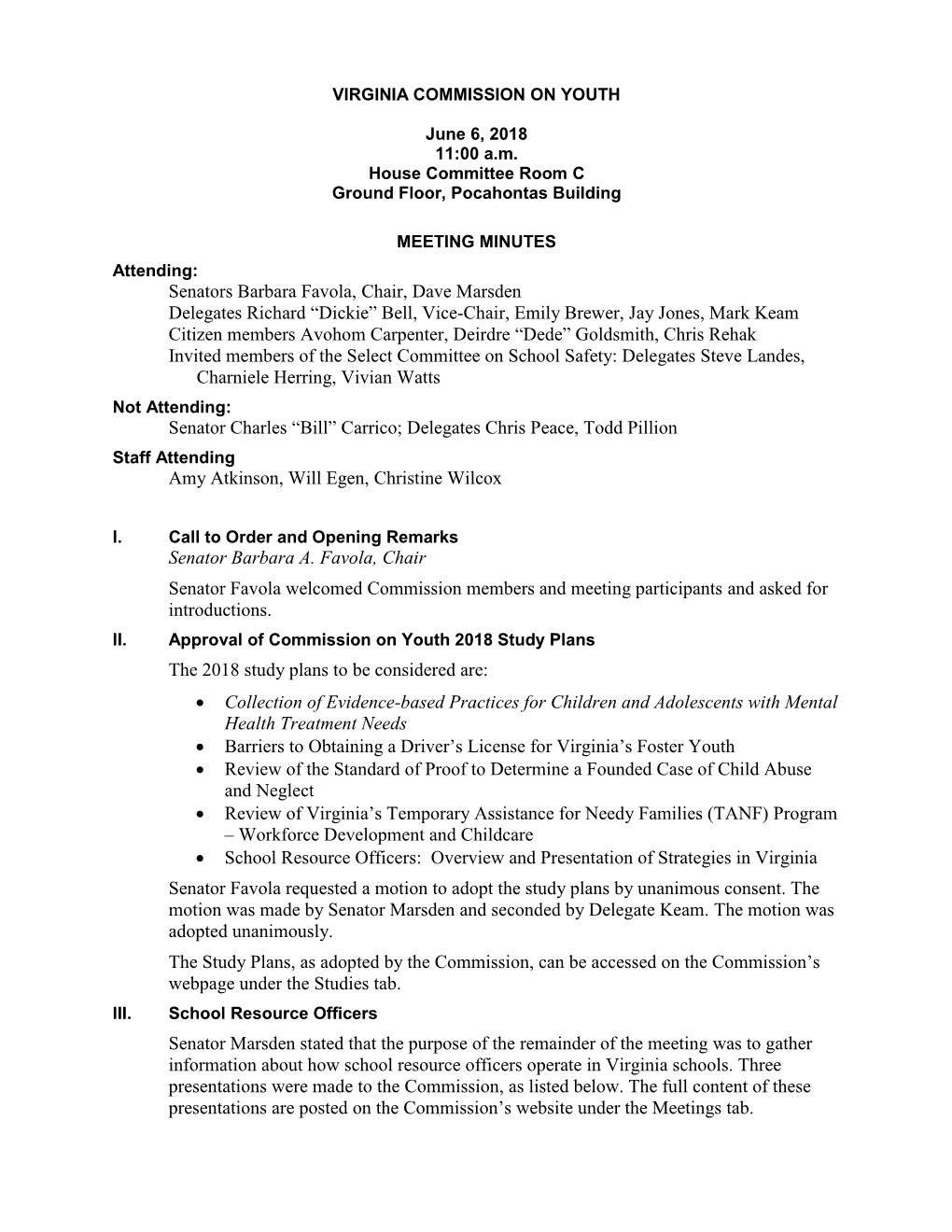 June 6 2018 Meeting Minutes