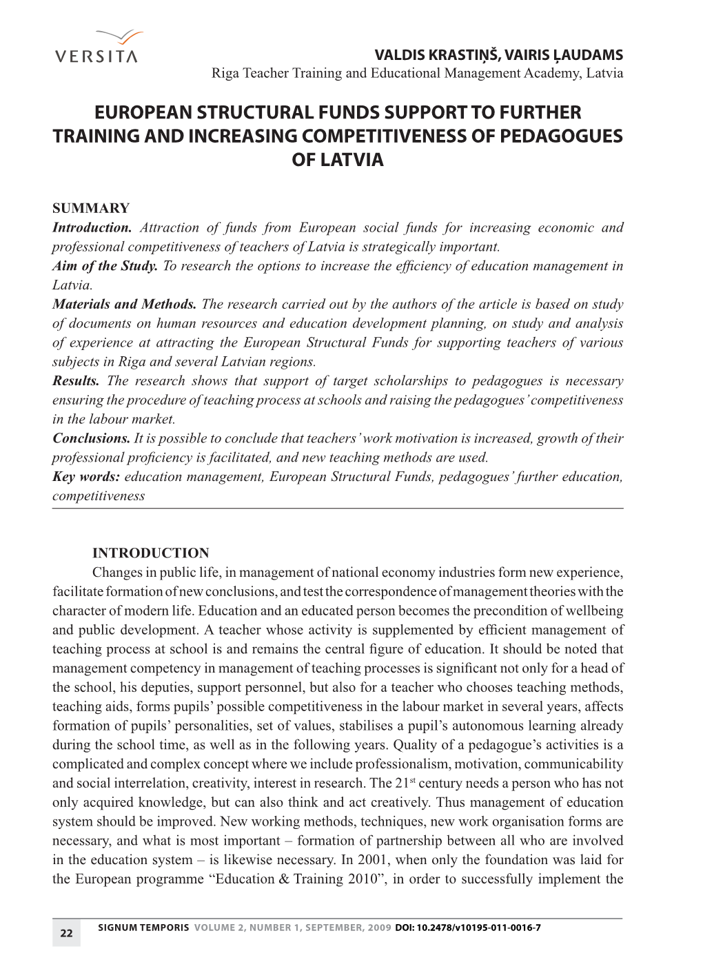 European Structural Funds Support to Further Training and Increasing Competitiveness of Pedagogues of Latvia