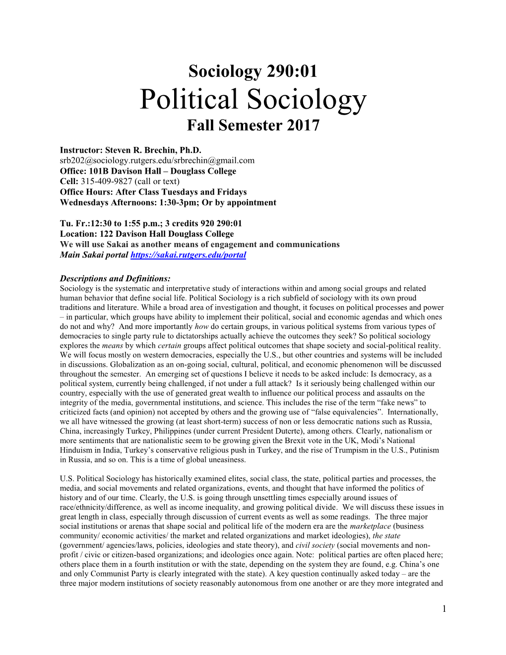 Political Sociology Fall Semester 2017