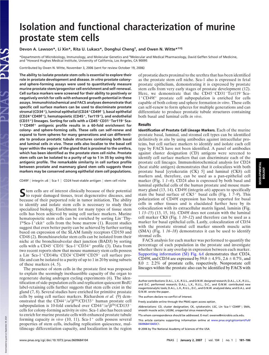 Isolation and Functional Characterization of Murine Prostate Stem Cells