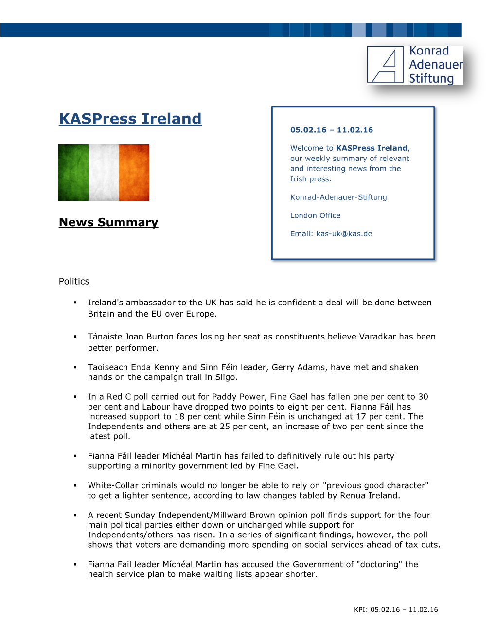 05.02.16 – 11.02.16 Welcome to Kaspress Ireland, Our Weekly Summary of Relevant and Interesting News from the Irish Press