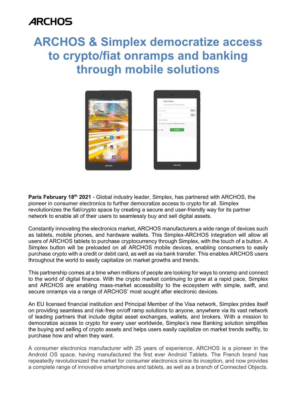 ARCHOS & Simplex Democratize Access to Crypto/Fiat Onramps And