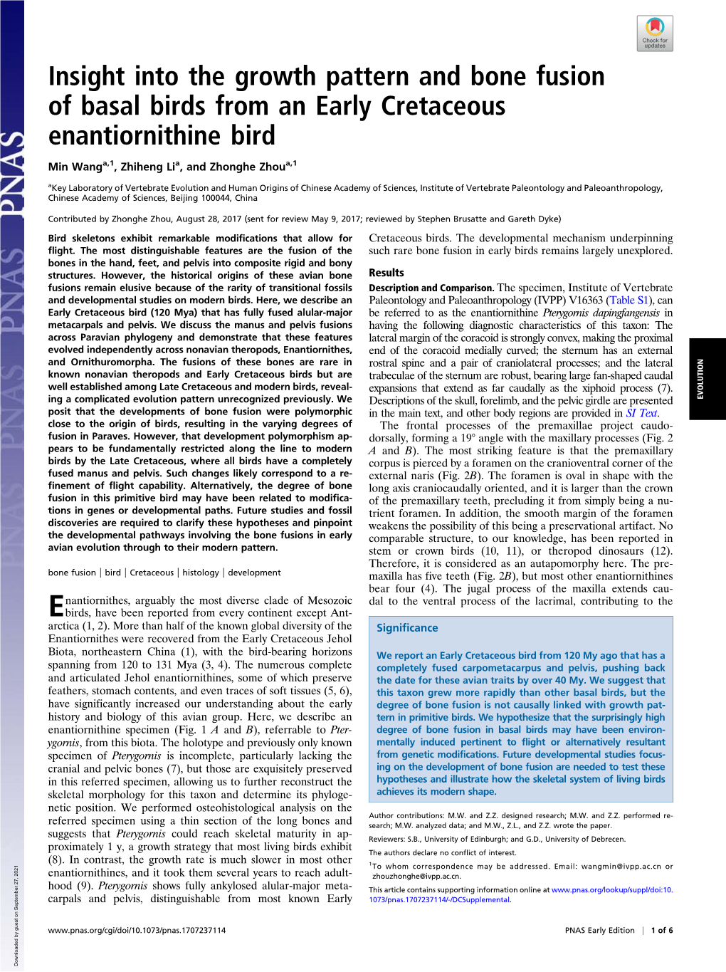 Insight Into the Growth Pattern and Bone Fusion of Basal Birds from an Early Cretaceous Enantiornithine Bird