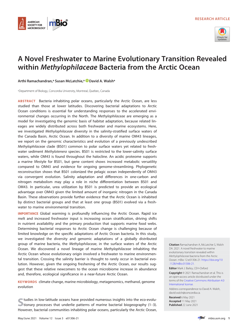 A Novel Freshwater to Marine Evolutionary Transition Revealed Within Methylophilaceae Bacteria from the Arctic Ocean