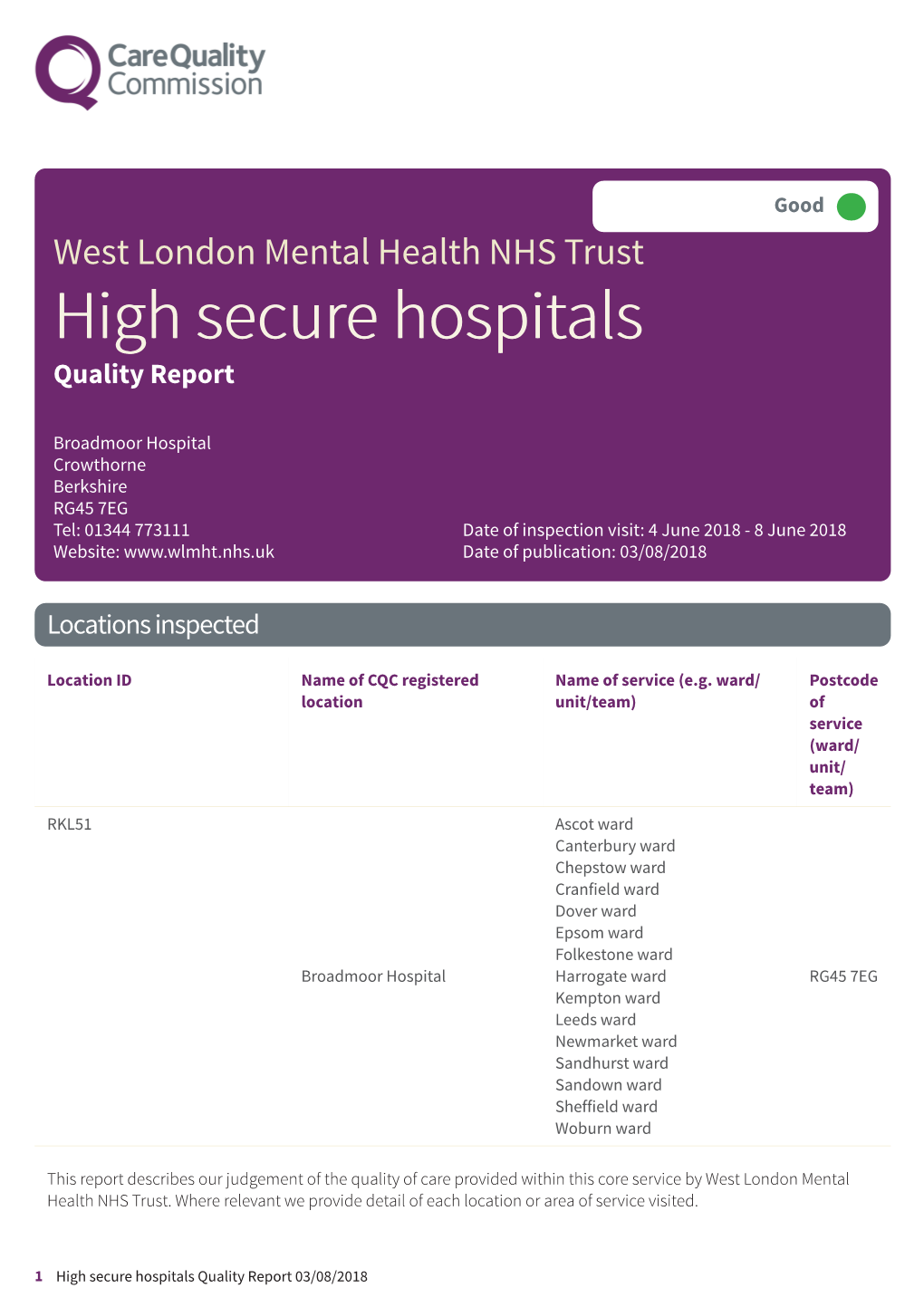 West London Mental Health NHS Trust High Secure Hospitals Quality Report