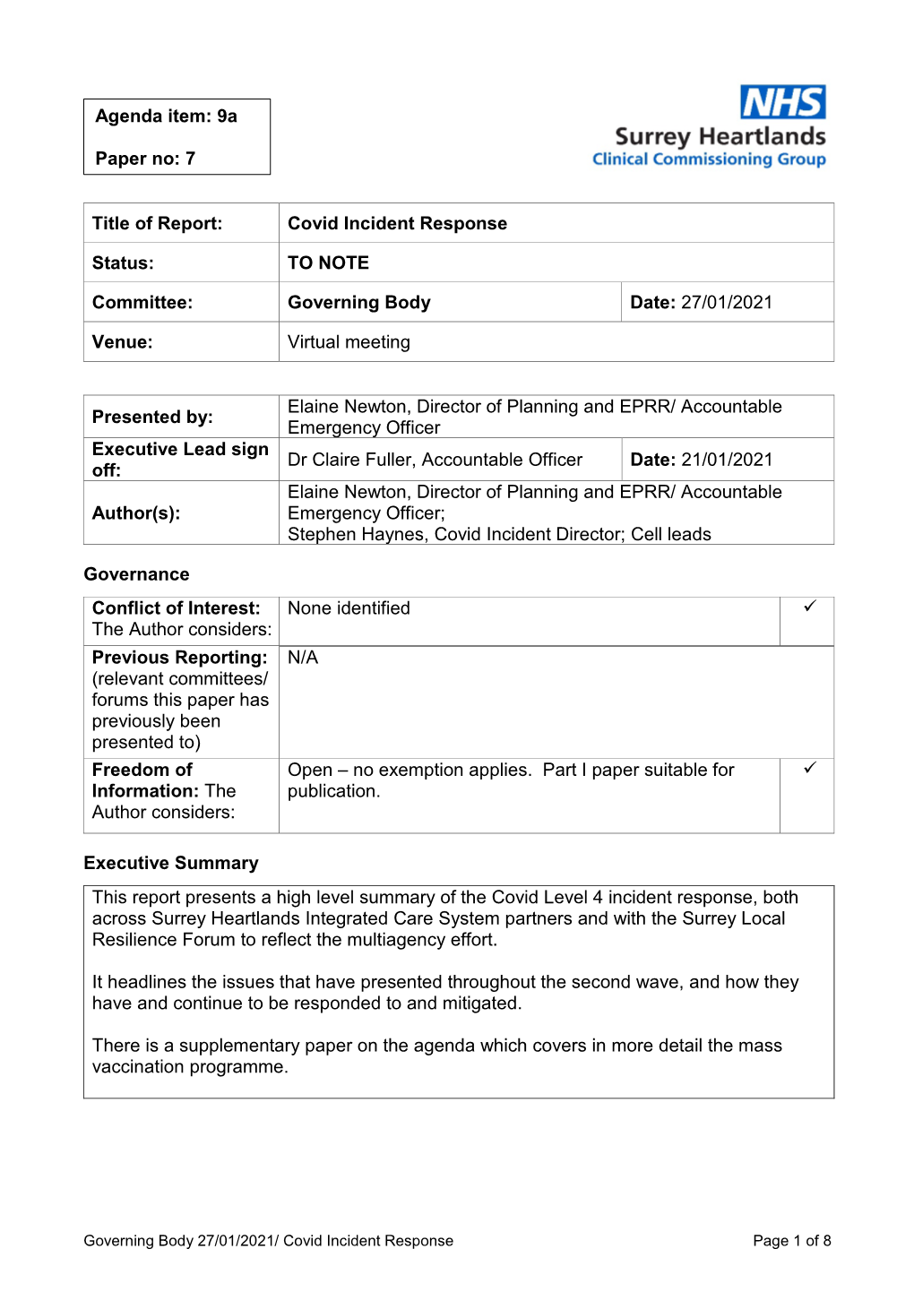 Covid Incident Response Status