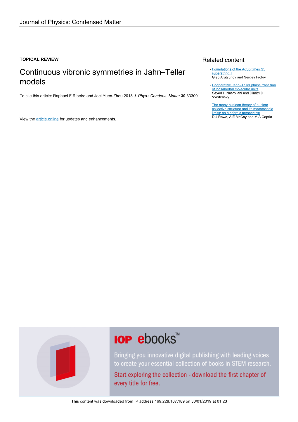 Continuous Vibronic Symmetries in Jahn–Teller Models