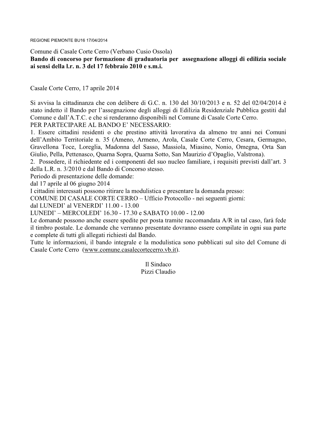 Aa Aa Comune Di Casale Corte Cerro 2014-04-07 46429 Pd…