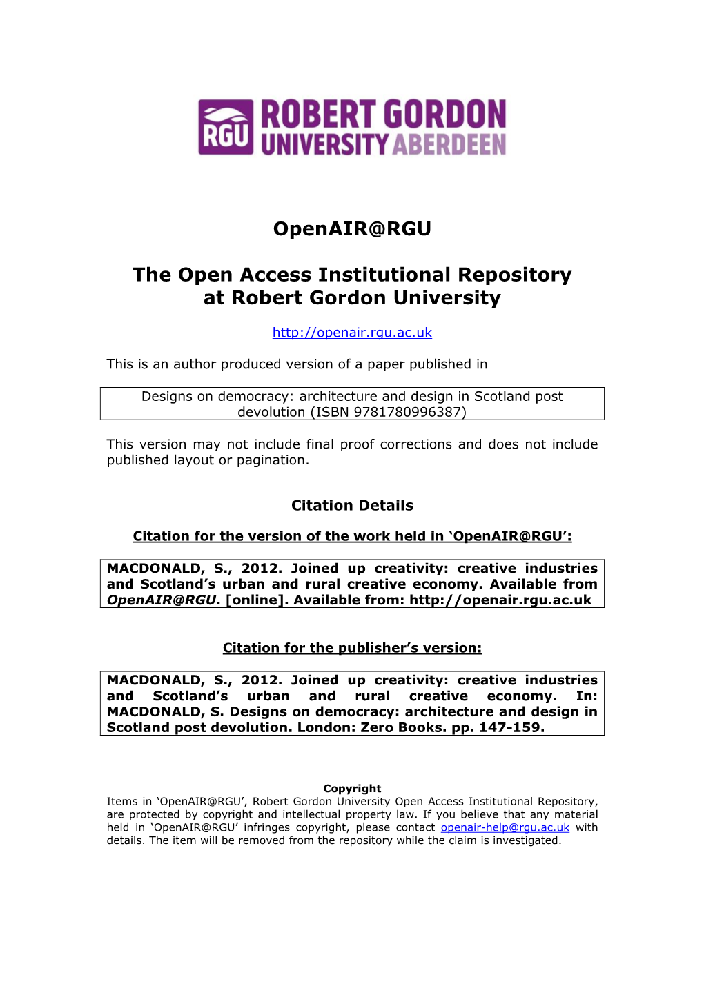 Openair@RGU the Open Access Institutional Repository at Robert