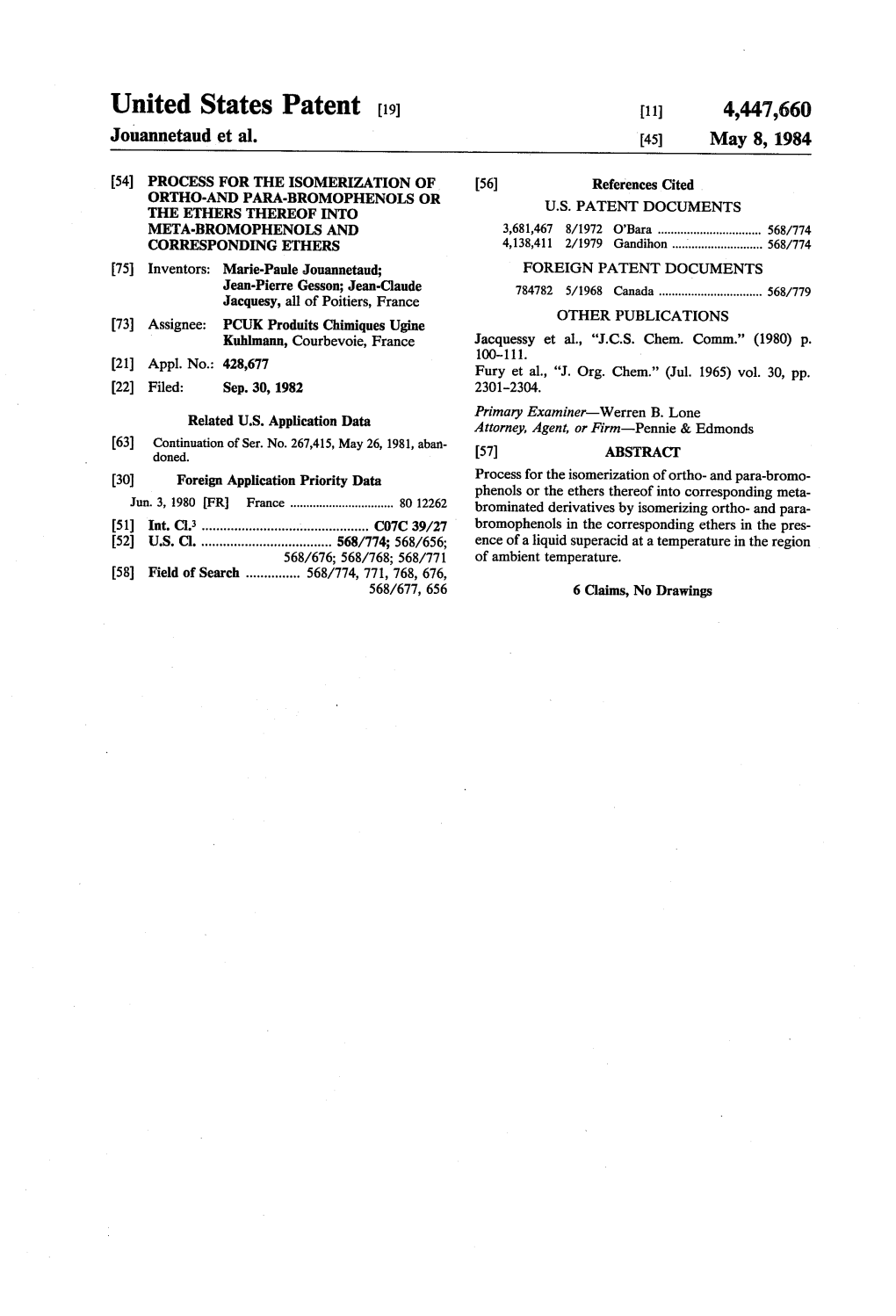 United States Patent (19) 11 4,447,660 Jouannetaud Et Al