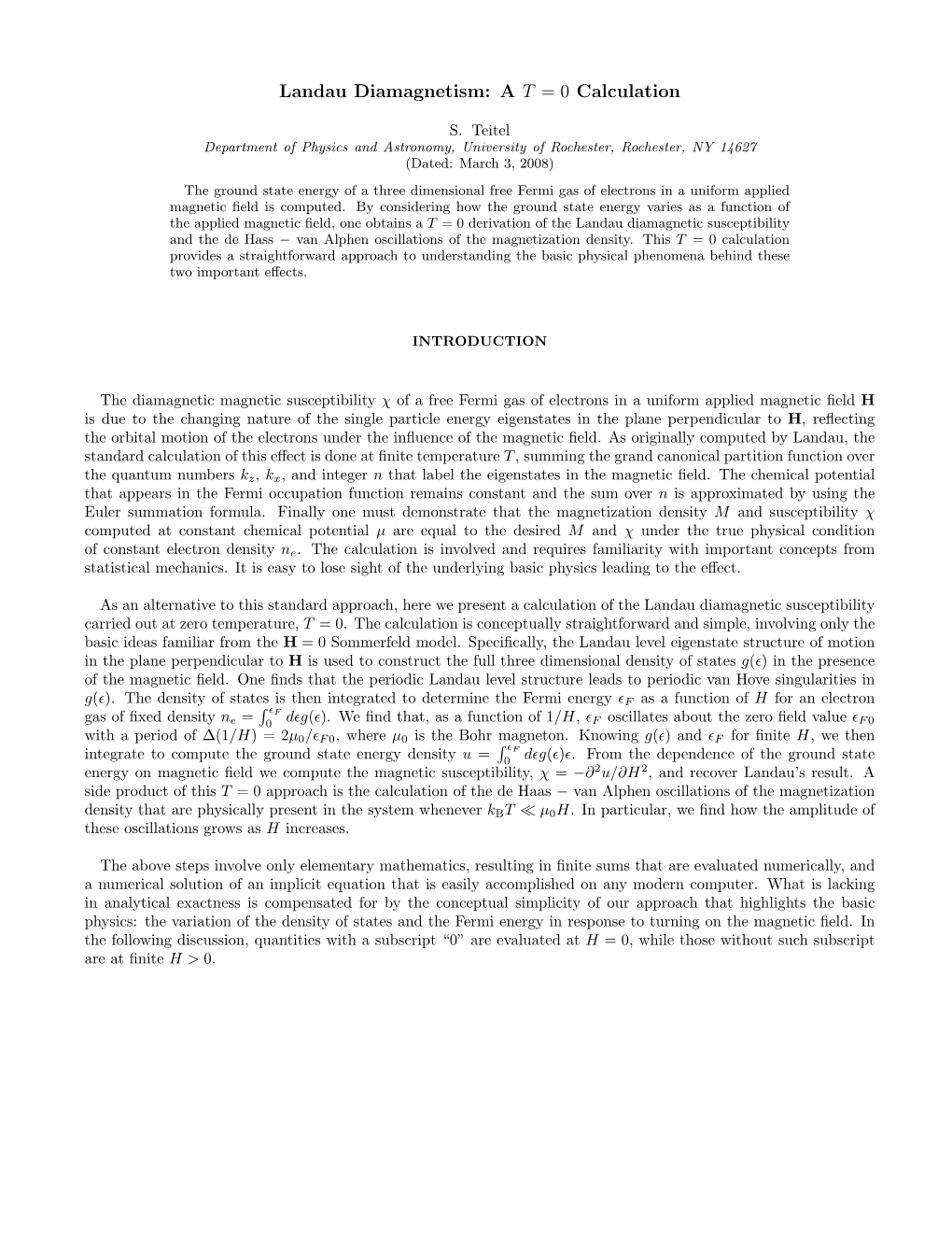 Landau Diamagnetism: a T = 0 Calculation