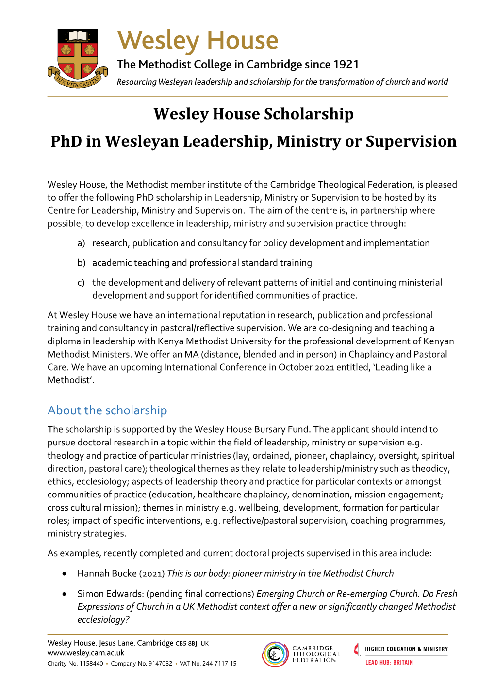 Wesley House Scholarship Phd in Wesleyan Leadership, Ministry Or Supervision