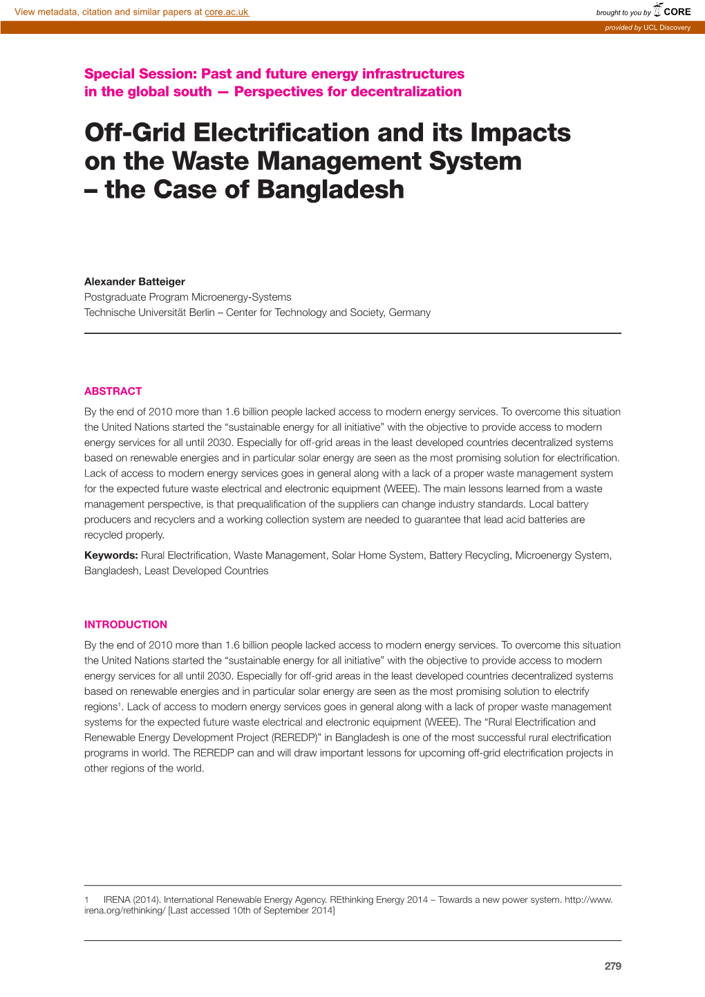 Off-Grid Electrification and Its Impacts on the Waste Management System – the Case of Bangladesh