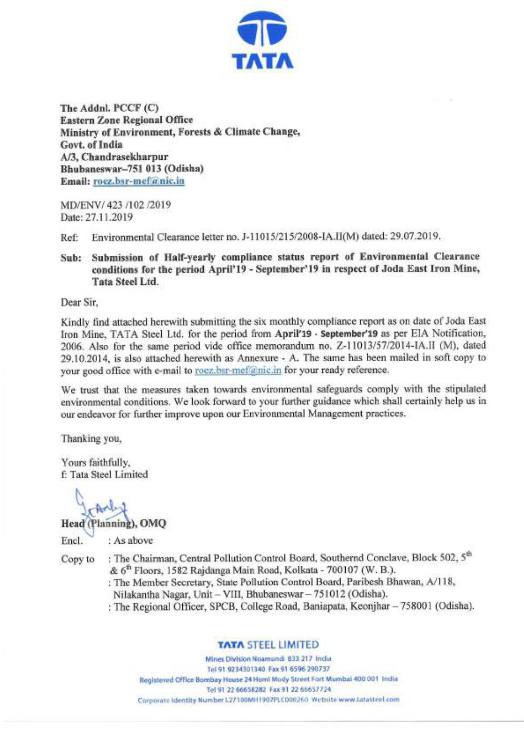 JODA EAST IRON MINE of TATA STEEL LIMITED VIDE Moef’S LETTER NO