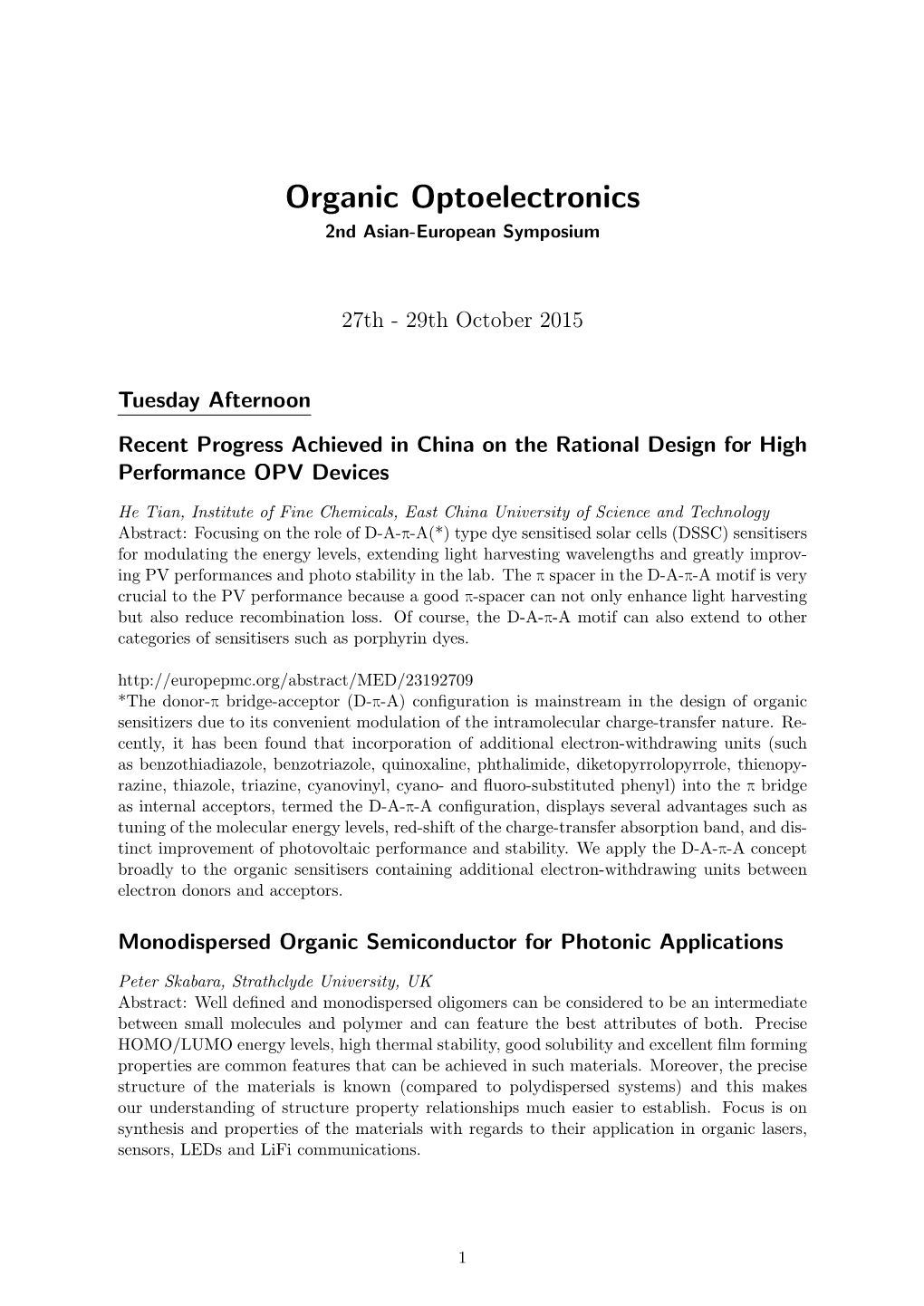Organic Optoelectronics 2Nd Asian-European Symposium