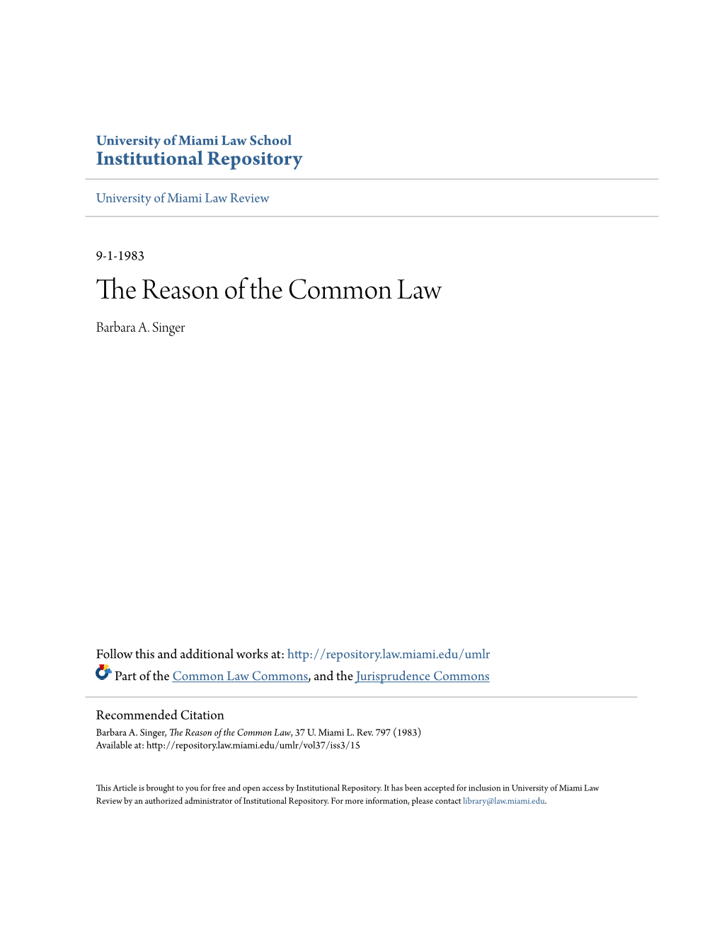 The Reason of the Common Law Barbara A