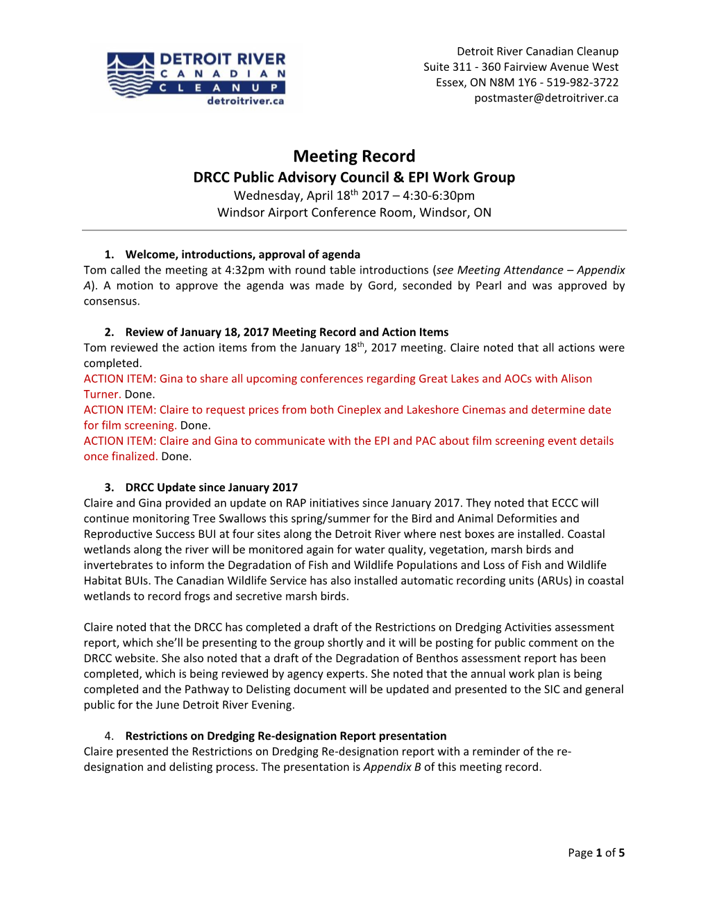 Meeting Record DRCC Public Advisory Council & EPI Work Group Wednesday, April 18Th 2017 – 4:30-6:30Pm Windsor Airport Conference Room, Windsor, ON