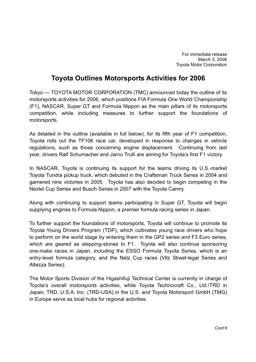 Toyota Outlines Motorsports Activities for 2006