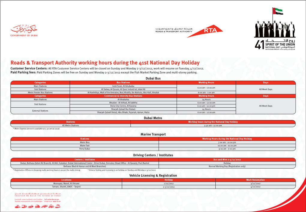 Roads & Transport Authority Working Hours During the 41St National Day Holiday