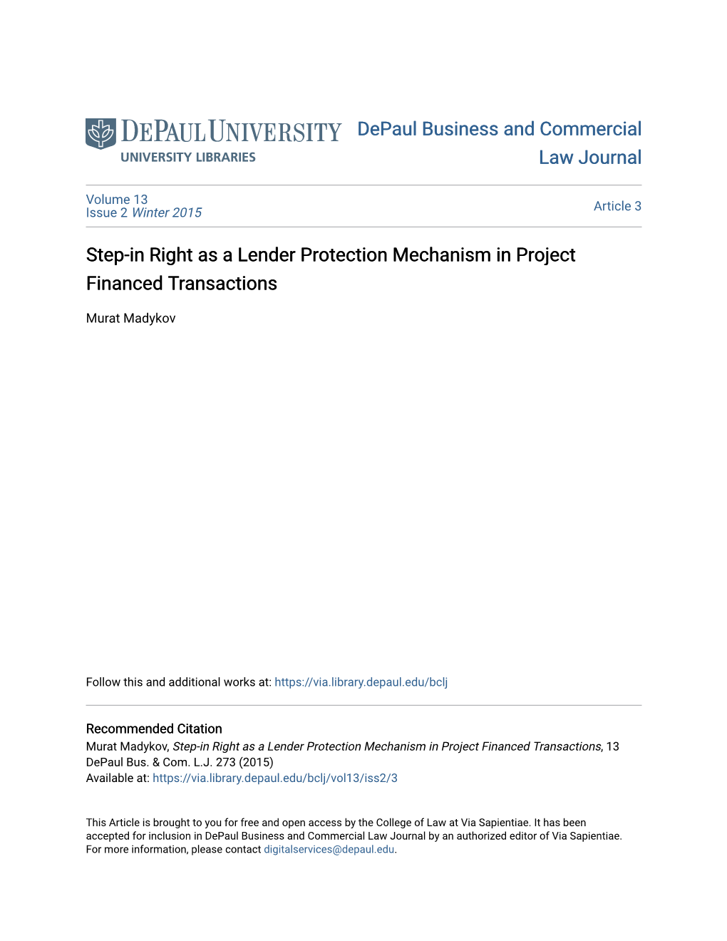Step-In Right As a Lender Protection Mechanism in Project Financed Transactions
