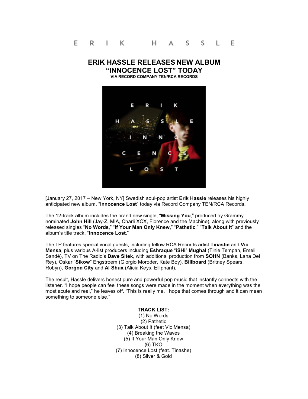 Erik Hassle Releases New Album “Innocence Lost” Today Via Record Company Ten/Rca Records