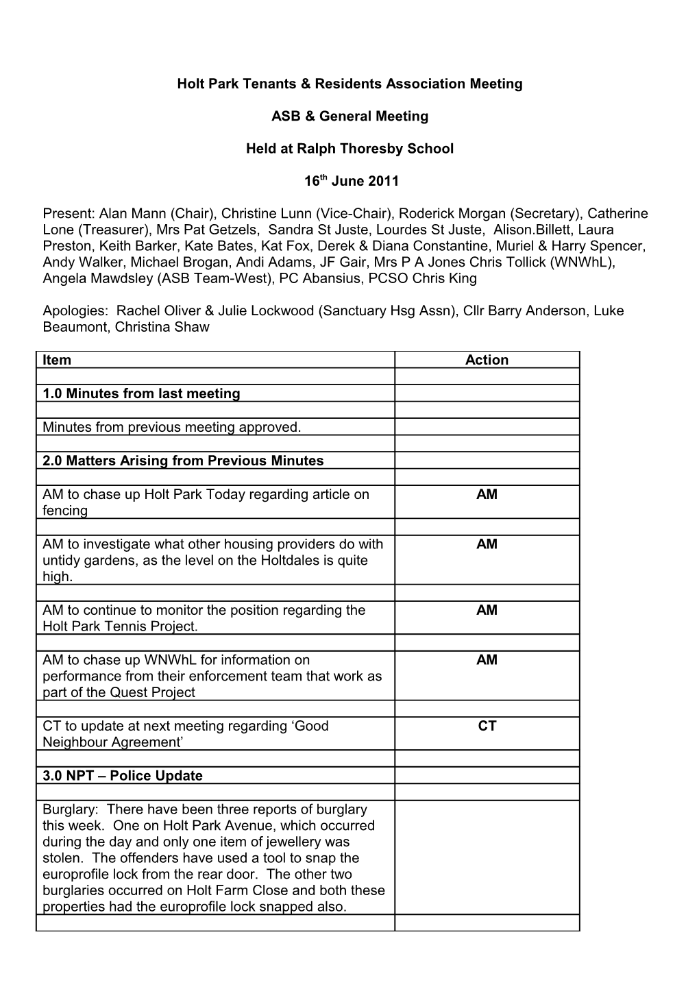 Holt Park Residents Association Meeting