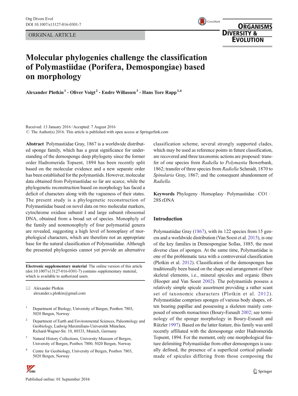 Molecular Phylogenies Challenge the Classification of Polymastiidae (Porifera, Demospongiae) Based on Morphology