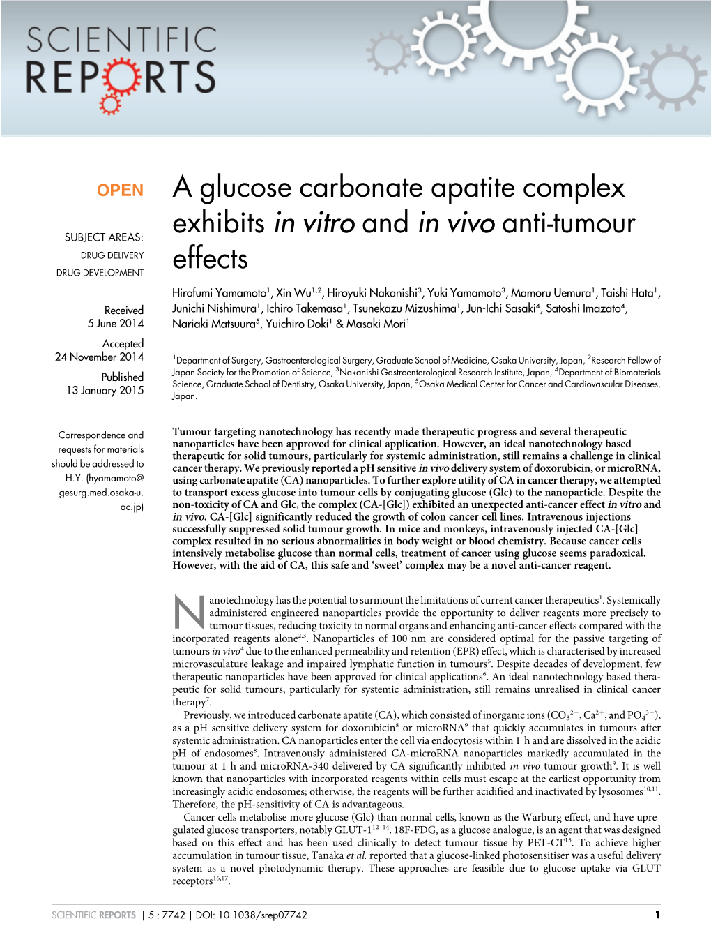 A Glucose Carbonate Apatite Complex Exhibits in Vitro and in Vivo Anti-Tumour Effects