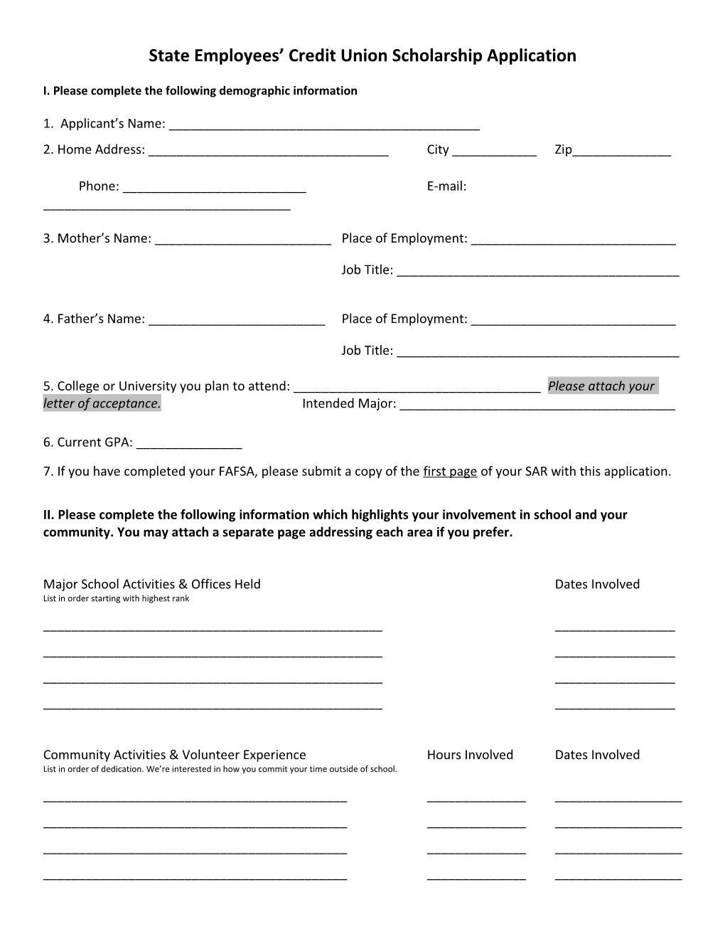 State Employees Credit Union Scholarship Application