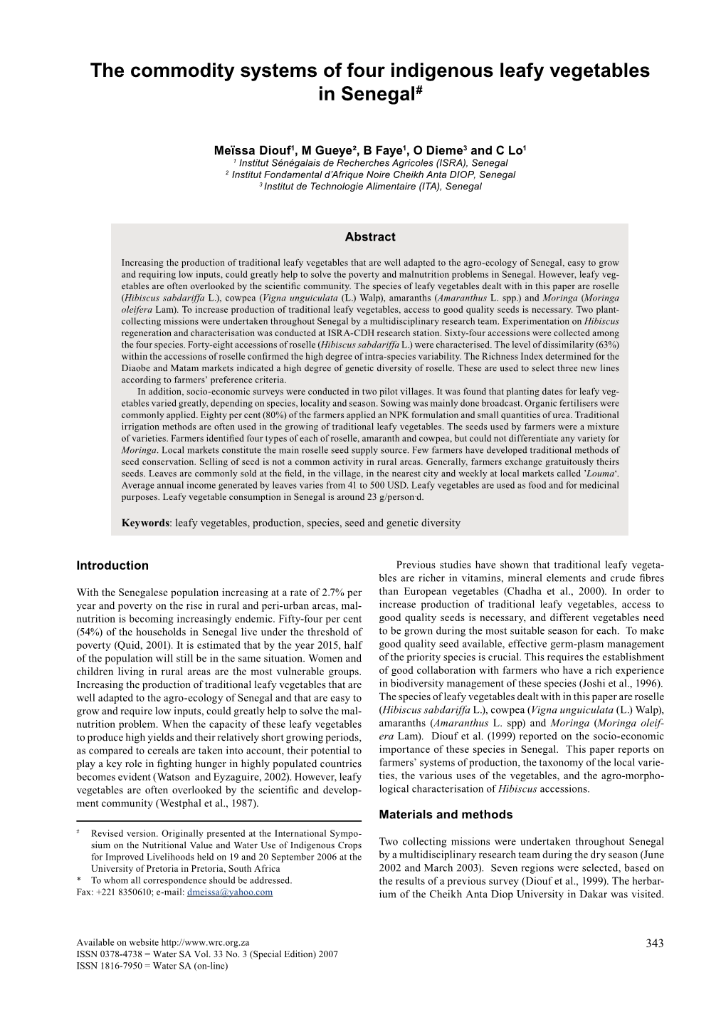 The Commodity Systems of Four Indigenous Leafy Vegetables in Senegal