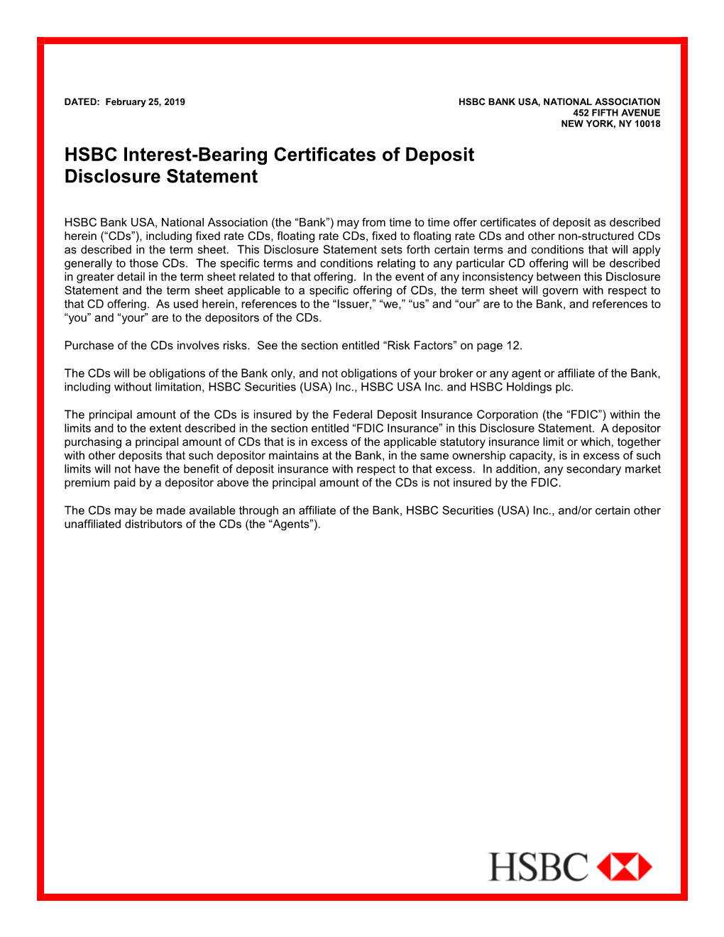 HSBC Interest-Bearing Certificates of Deposit Disclosure Statement
