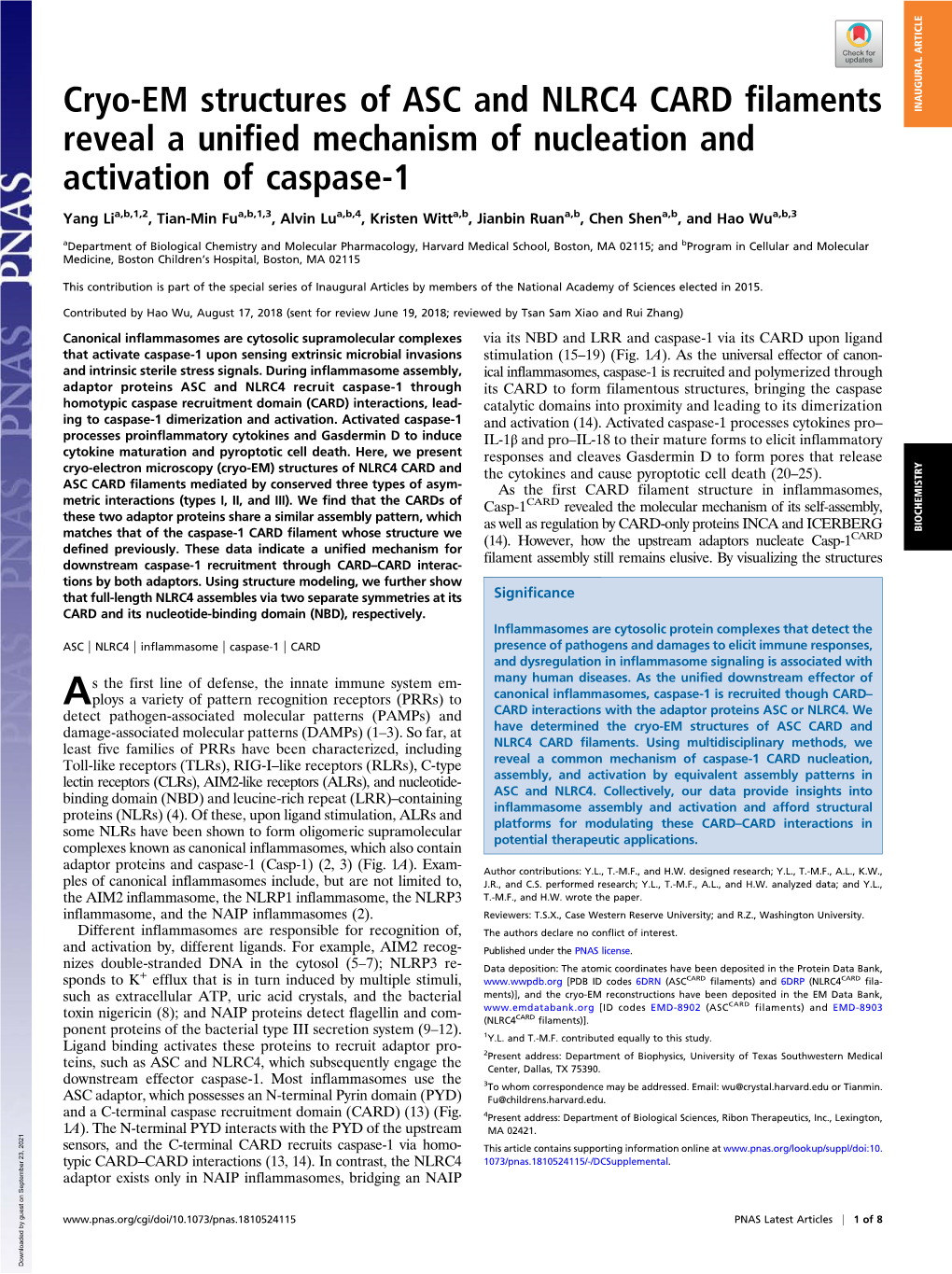 Cryo-EM Structures of ASC and NLRC4 CARD Filaments INAUGURAL ARTICLE Reveal a Unified Mechanism of Nucleation and Activation of Caspase-1