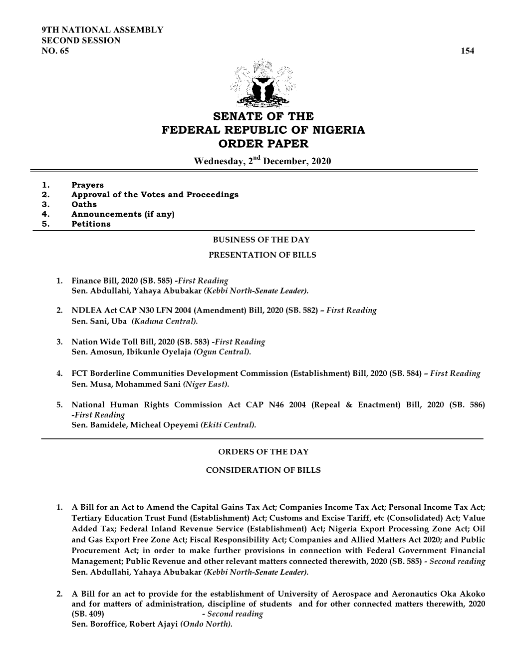 Senate Order Paper Wednesday, 2Nd December, 2020