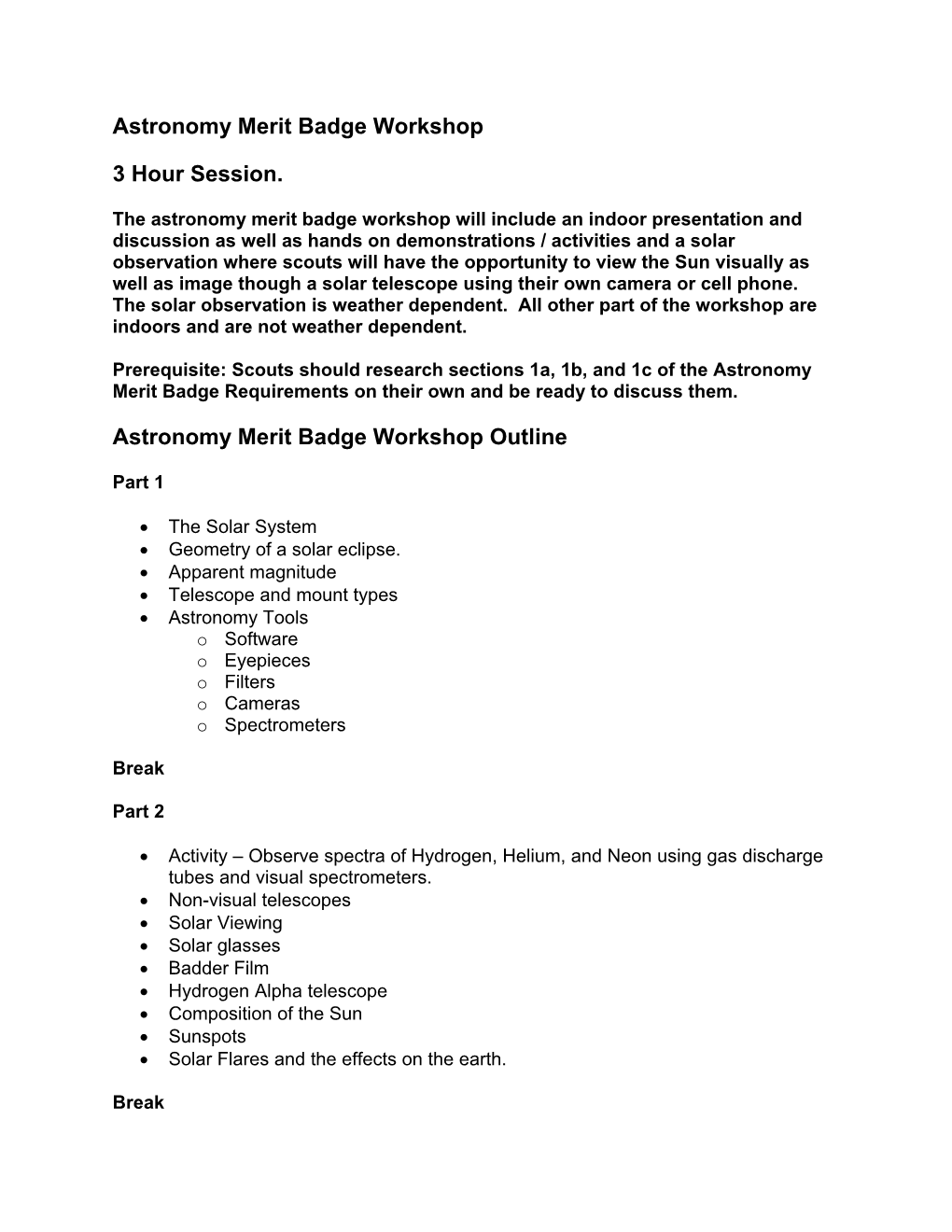 Astronomy Merit Badge Workshop 3 Hour Session