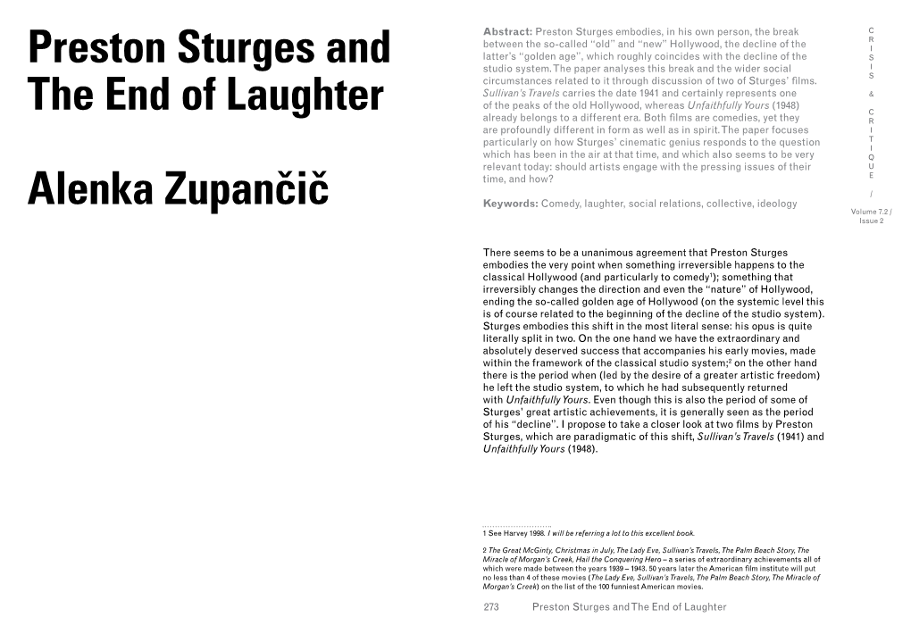 Preston Sturges and the End of Laughter Alenka Zupancic