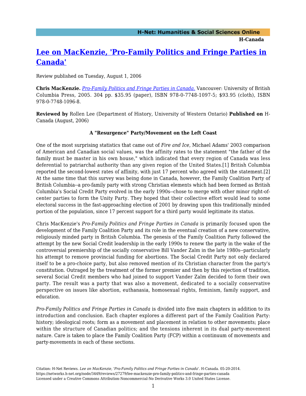 Lee on Mackenzie, 'Pro-Family Politics and Fringe Parties in Canada'