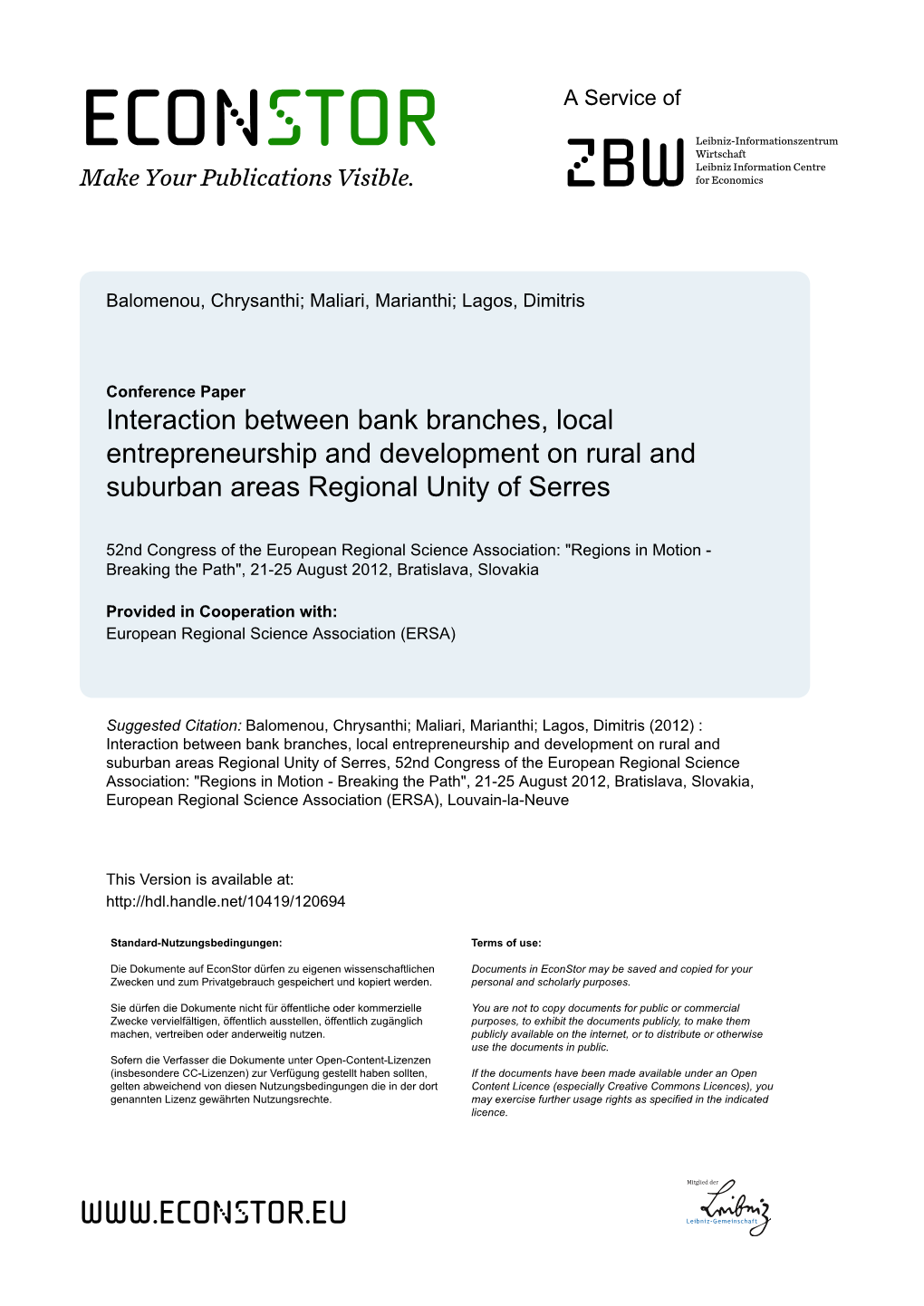 Interaction Between Bank Branches, Local Entrepreneurship and Development on Rural and Suburban Areas Regional Unity of Serres