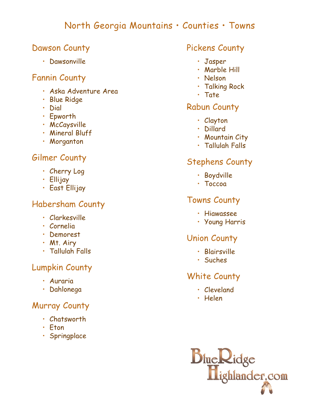 North Georgia Mountains • Counties • Towns