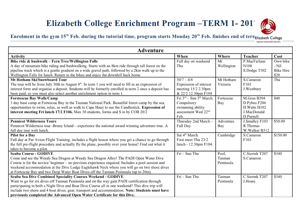 Elizabeth College Enrichment Program TERM 1- 2017