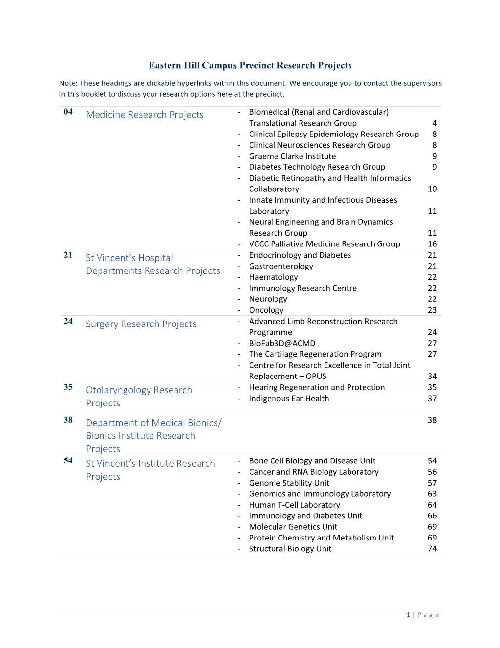 Medicine Research Projects St Vincent's Hospital Departments