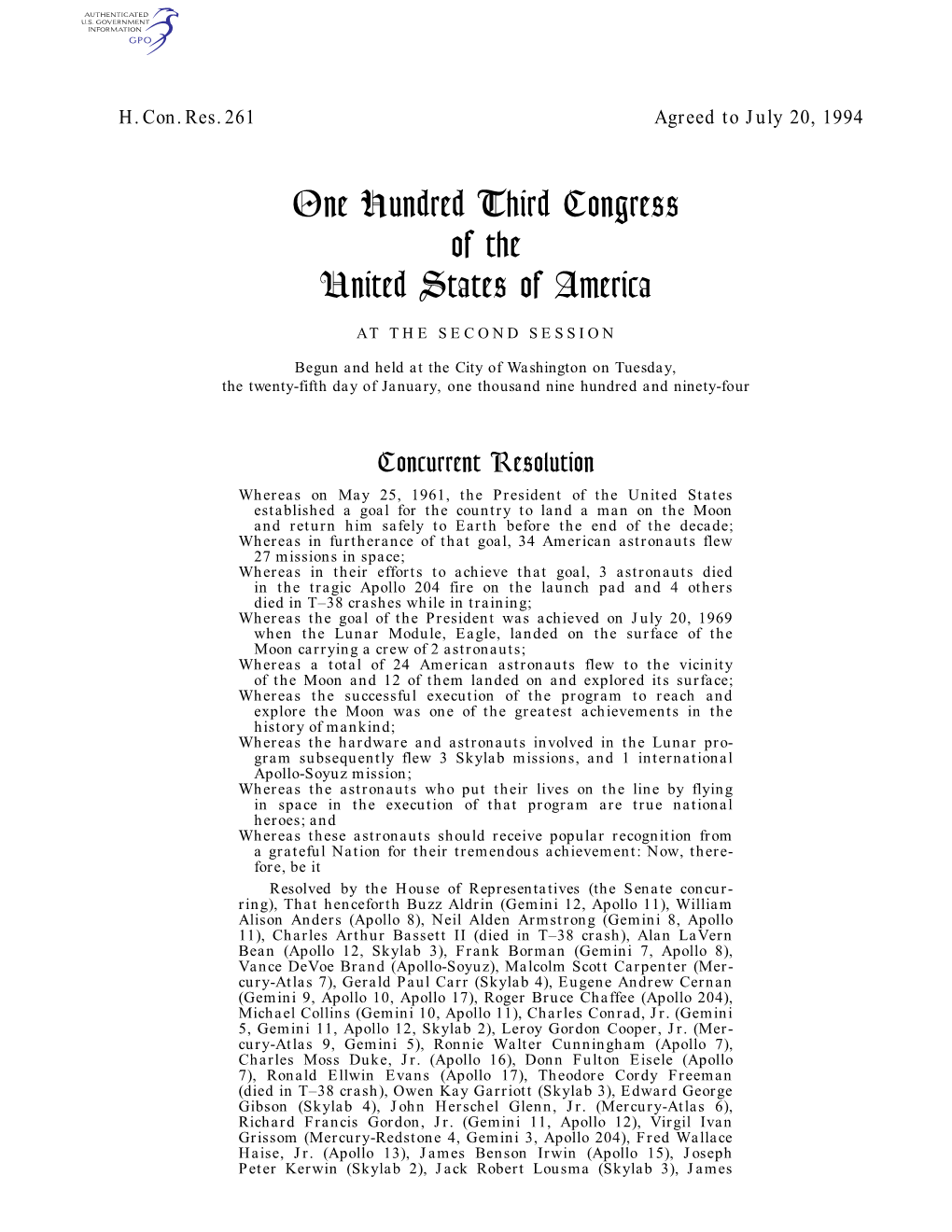 One Hundred Third Congress of the United States of America